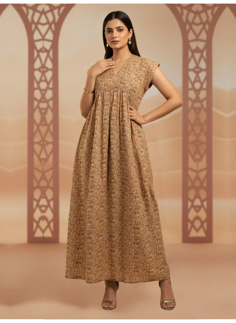 Alaya Women Printed Embroidered Cotton Jalabiya with Cap Sleeves-AL3697C